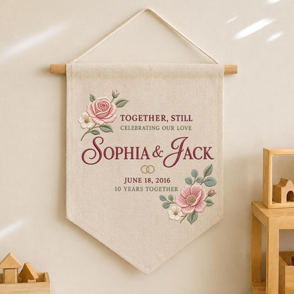 Personalized 10th Anniversary Canvas Pennant Banner, Custom Name Embroidered Floral 10 Years Together Wall Hanging Sign, Couple Gift
