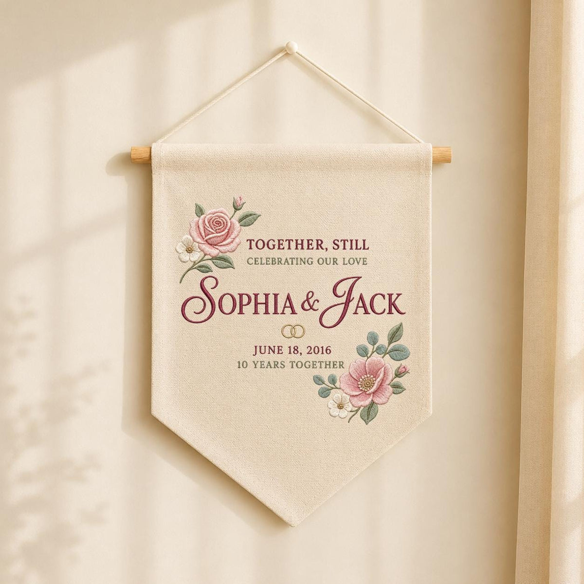 Personalized 10th Anniversary Canvas Pennant Banner, Custom Name Embroidered Floral 10 Years Together Wall Hanging Sign, Couple Gift