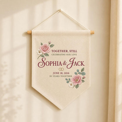 Personalized 10th Anniversary Canvas Pennant Banner, Custom Name Embroidered Floral 10 Years Together Wall Hanging Sign, Couple Gift
