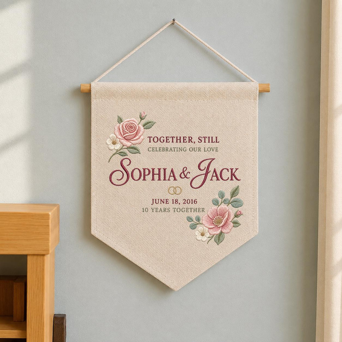 Personalized 10th Anniversary Canvas Pennant Banner, Custom Name Embroidered Floral 10 Years Together Wall Hanging Sign, Couple Gift