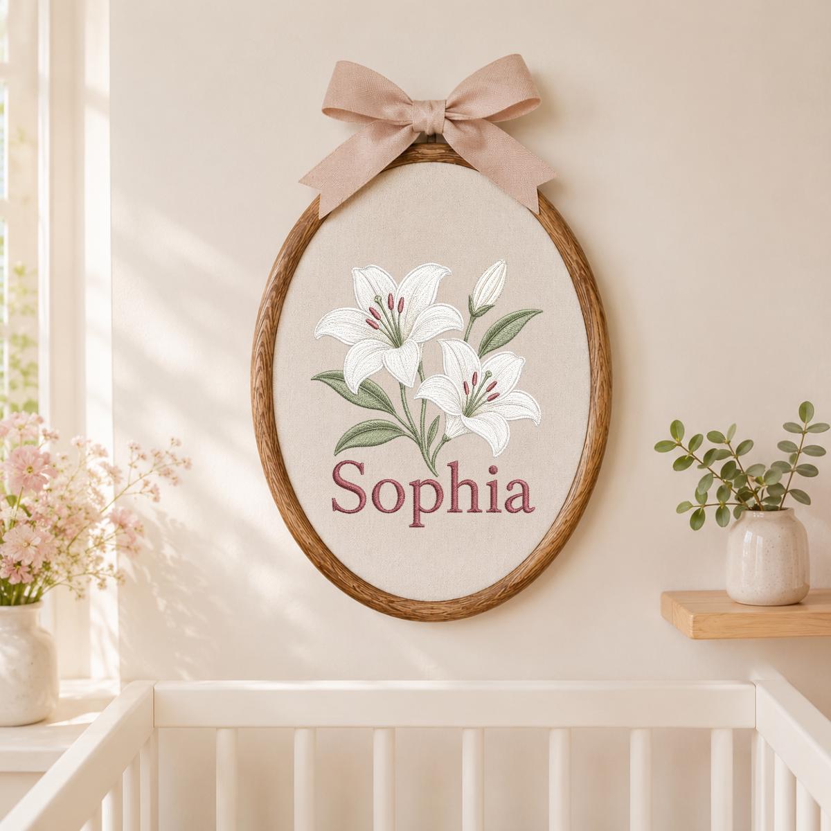 Custom Name White Lilies Embroidered Oval Hoop Decor, Botanical Flower Baby Nursery Est 2026 Wall Hanging Sign, New Baby Gift