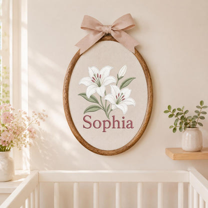 Custom Name White Lilies Embroidered Oval Hoop Decor, Botanical Flower Baby Nursery Est 2026 Wall Hanging Sign, New Baby Gift