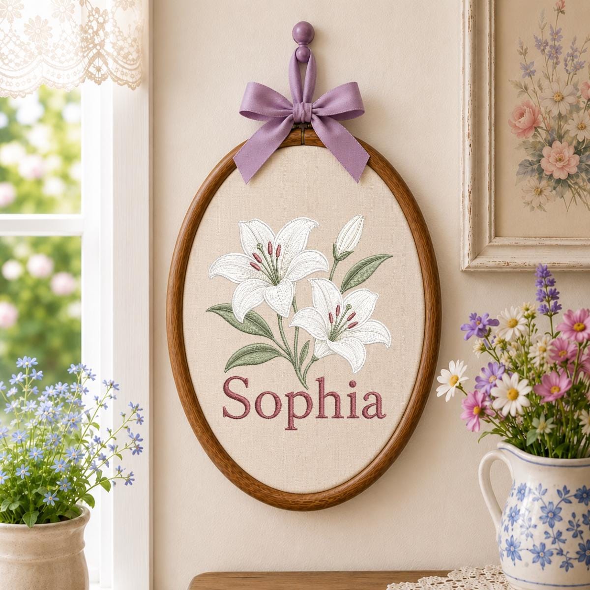 Custom Name White Lilies Embroidered Oval Hoop Decor, Botanical Flower Baby Nursery Est 2026 Wall Hanging Sign, New Baby Gift