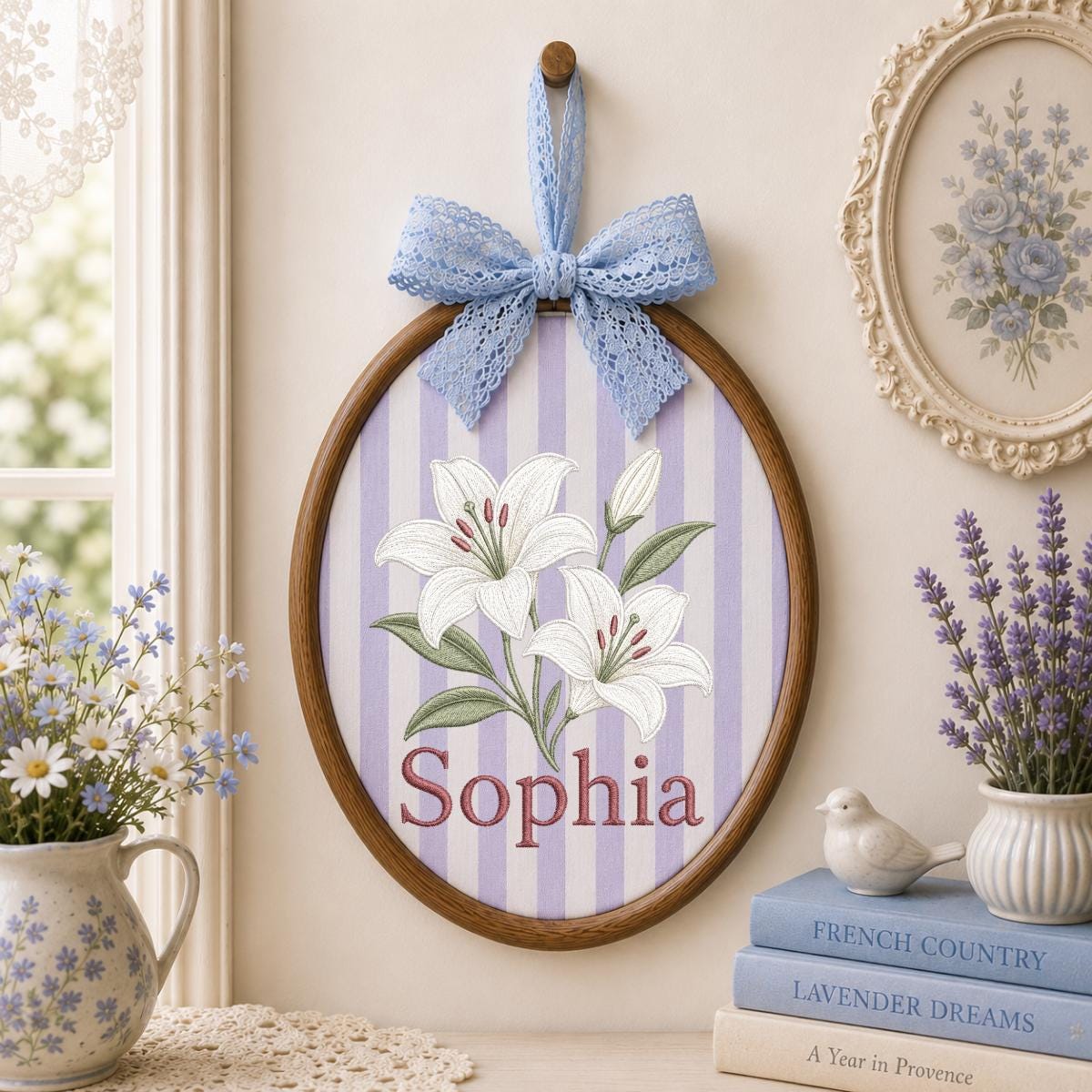 Custom Name White Lilies Embroidered Oval Hoop Decor, Botanical Flower Baby Nursery Est 2026 Wall Hanging Sign, New Baby Gift