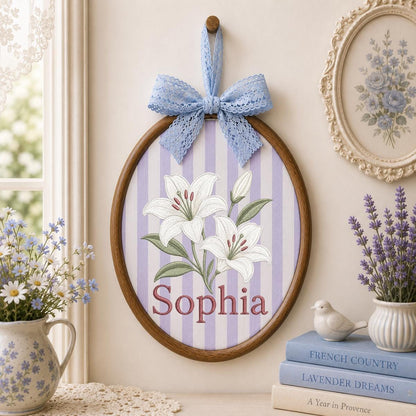 Custom Name White Lilies Embroidered Oval Hoop Decor, Botanical Flower Baby Nursery Est 2026 Wall Hanging Sign, New Baby Gift