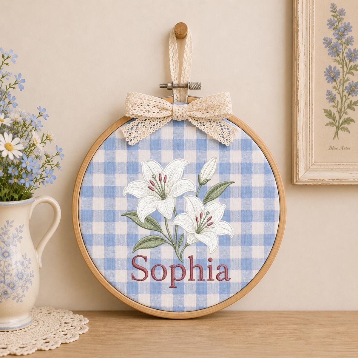 Custom Name White Lilies Embroidered Oval Hoop Decor, Botanical Flower Baby Nursery Est 2026 Wall Hanging Sign, New Baby Gift