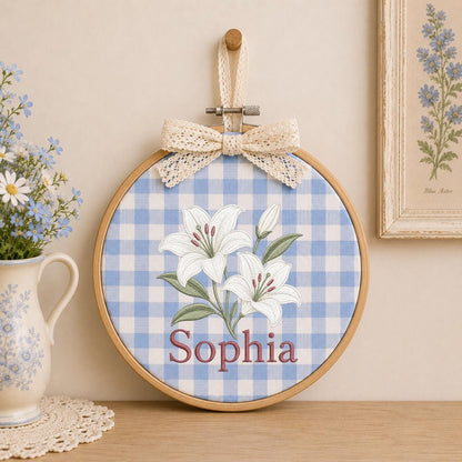 Custom Name White Lilies Embroidered Oval Hoop Decor, Botanical Flower Baby Nursery Est 2026 Wall Hanging Sign, New Baby Gift