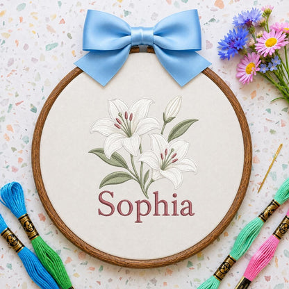 Custom Name White Lilies Embroidered Oval Hoop Decor, Botanical Flower Baby Nursery Est 2026 Wall Hanging Sign, New Baby Gift