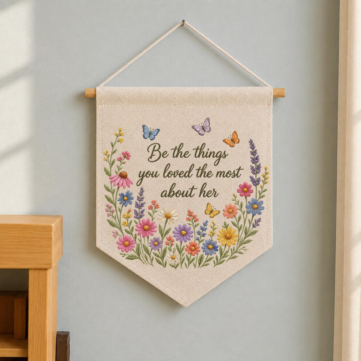Embroidered Memorial Wall Hanging Banner, Floral Remembrance Quote Decor, Sympathy Gift for Loss of Mother, Bereavement Keepsake