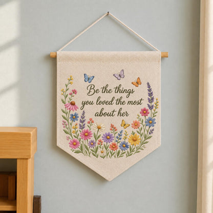 Embroidered Memorial Wall Hanging Banner, Floral Remembrance Quote Decor, Sympathy Gift for Loss of Mother, Bereavement Keepsake