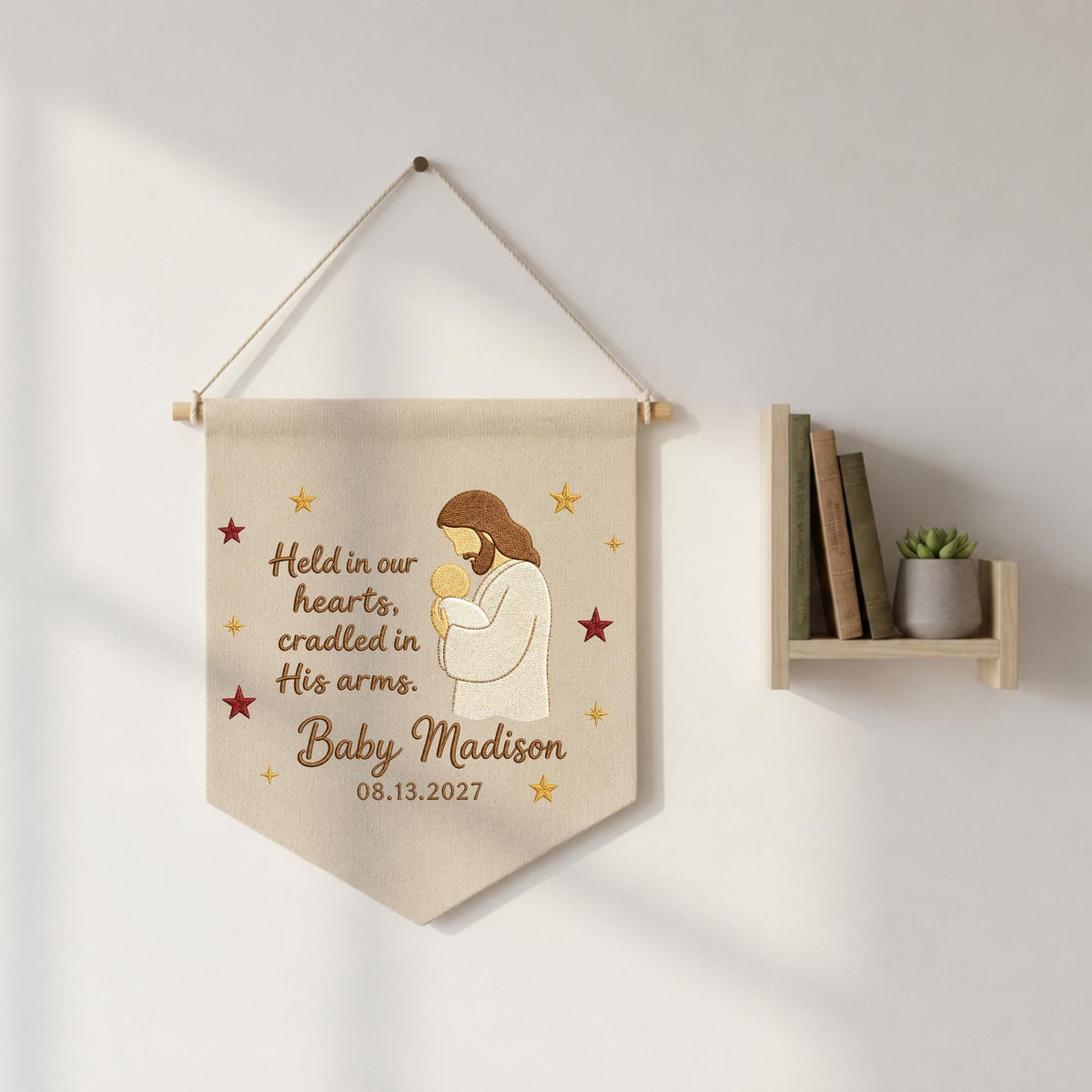 Personalized Embroidered Baby Memorial Wall Hanging Banner, Christian Infant Loss Gift, Jesus Holding Baby Keepsake, Sympathy Nursery Decor