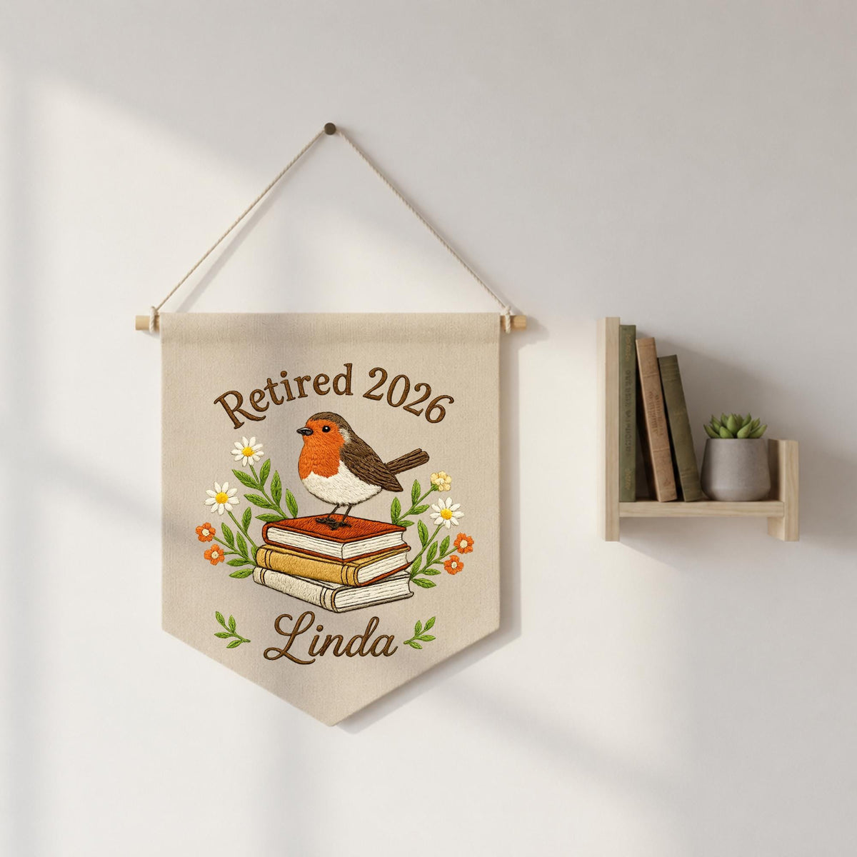 Personalized Embroidered Retirement Wall Hanging Banner, Custom Retired 2026 Gift, Robin Bird Book Decor, Retirement Gift for Women