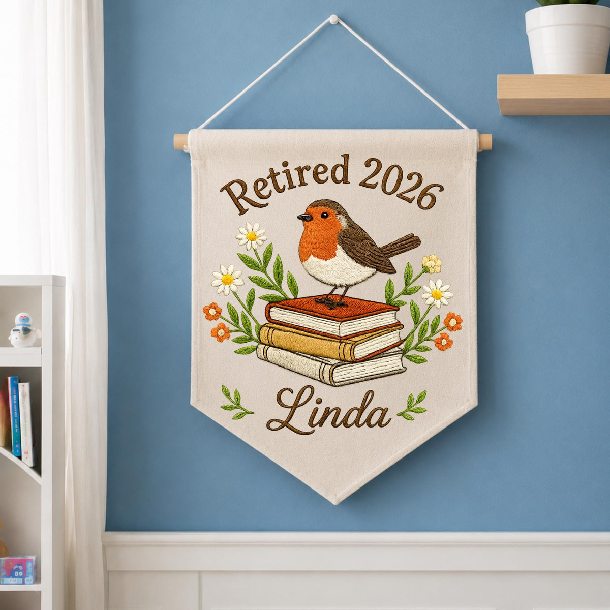 Personalized Embroidered Retirement Wall Hanging Banner, Custom Retired 2026 Gift, Robin Bird Book Decor, Retirement Gift for Women
