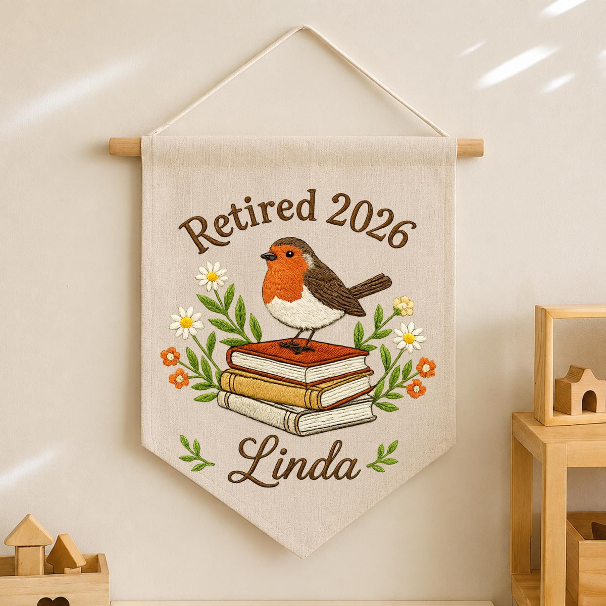 Personalized Embroidered Retirement Wall Hanging Banner, Custom Retired 2026 Gift, Robin Bird Book Decor, Retirement Gift for Women