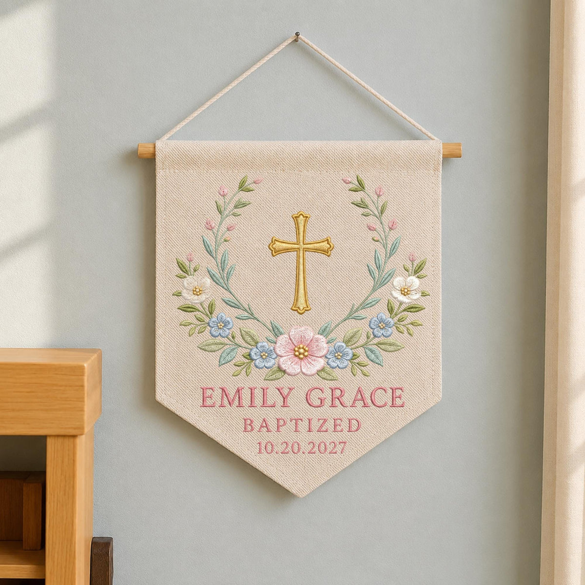 Personalized Embroidered Baptism Wall Hanging Banner, Custom Baby Name Cross Sign, Christening Gift, Christian Nursery Decor