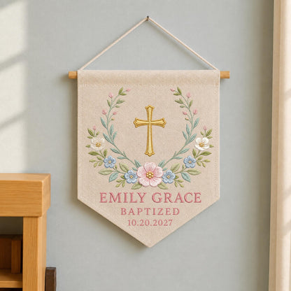 Personalized Embroidered Baptism Wall Hanging Banner, Custom Baby Name Cross Sign, Christening Gift, Christian Nursery Decor