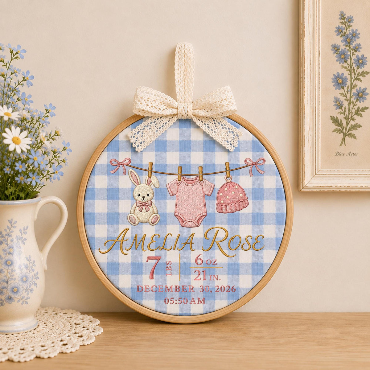 Personalized Embroidered Ornament, Baby Birth Stats Ornament, Custom Name Newborn Keepsake, Baby Girl Nursery Gift, Bunny Birth Announcement