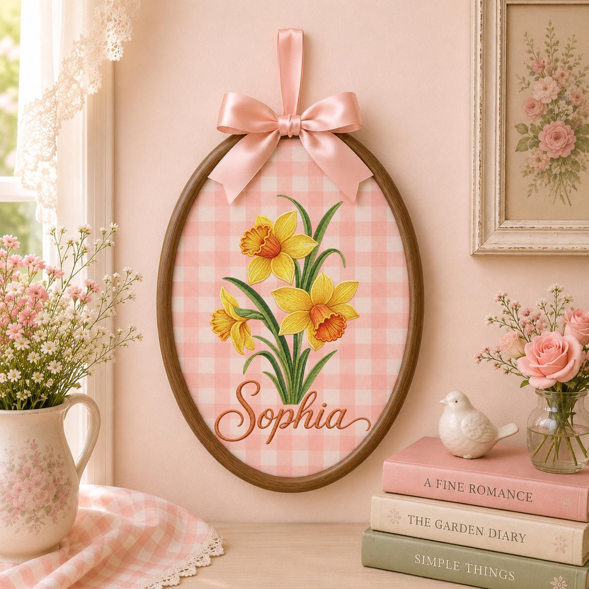 Personalized Embroidered Ornament, Daffodil Flower Ornament, Custom Name Floral Keepsake, Spring Flower Gift, Botanical Nursery Decor