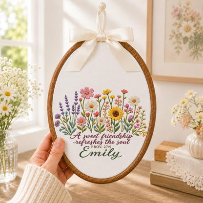 Personalized Embroidered Ornament, Friendship Bible Verse Gift, Proverbs 27:9 Floral Ornament, Custom Name Best Friend Keepsake