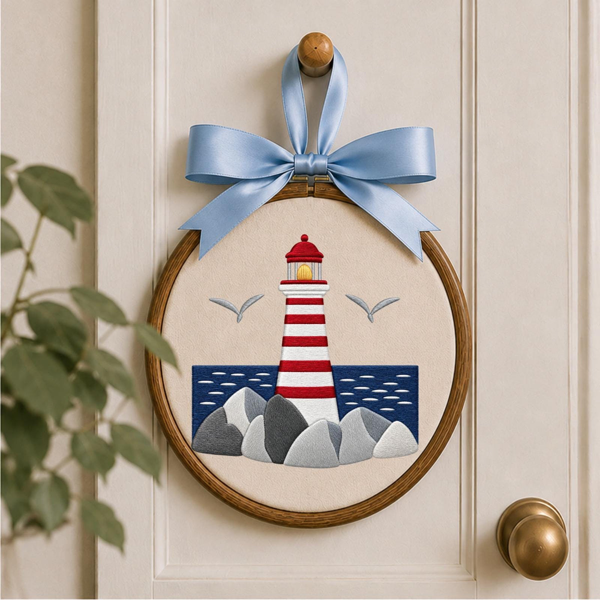 Personalized Embroidered Ornament, Lighthouse Coastal Ornament, Nautical Beach Decor, Ocean Lover Gift, Seaside Home Keepsake
