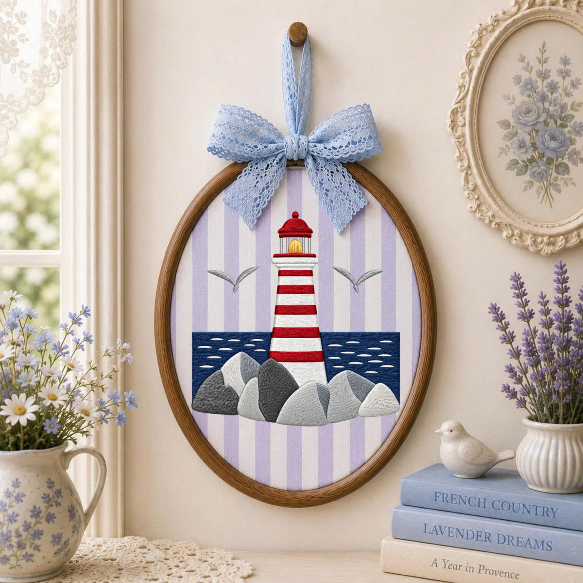 Personalized Embroidered Ornament, Lighthouse Coastal Ornament, Nautical Beach Decor, Ocean Lover Gift, Seaside Home Keepsake