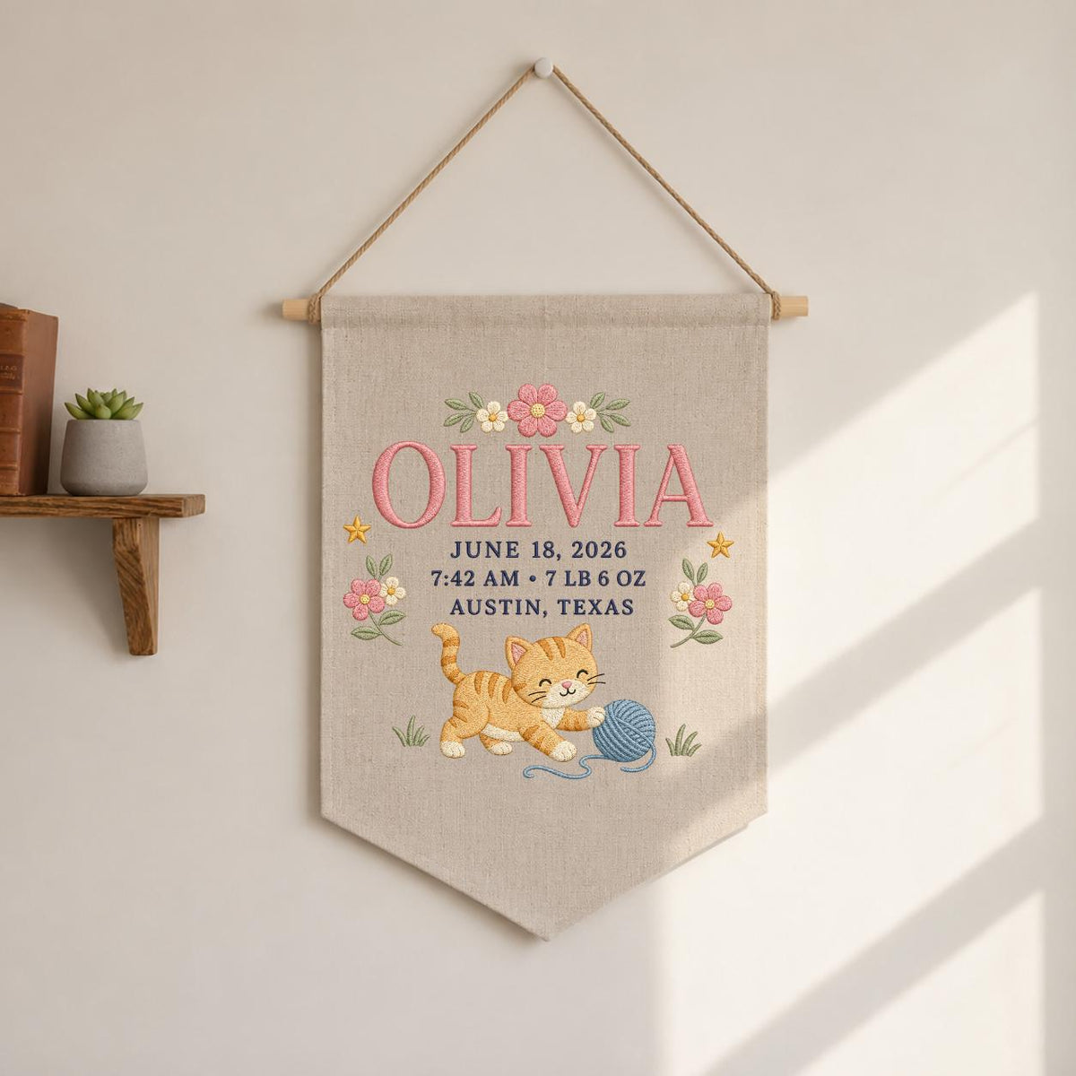 Personalized Birth Stats Canvas Banner, Custom Name Embroidered Kitten Yarn Ball Baby Girl Birth Announcement Nursery Wall Hanging Sign