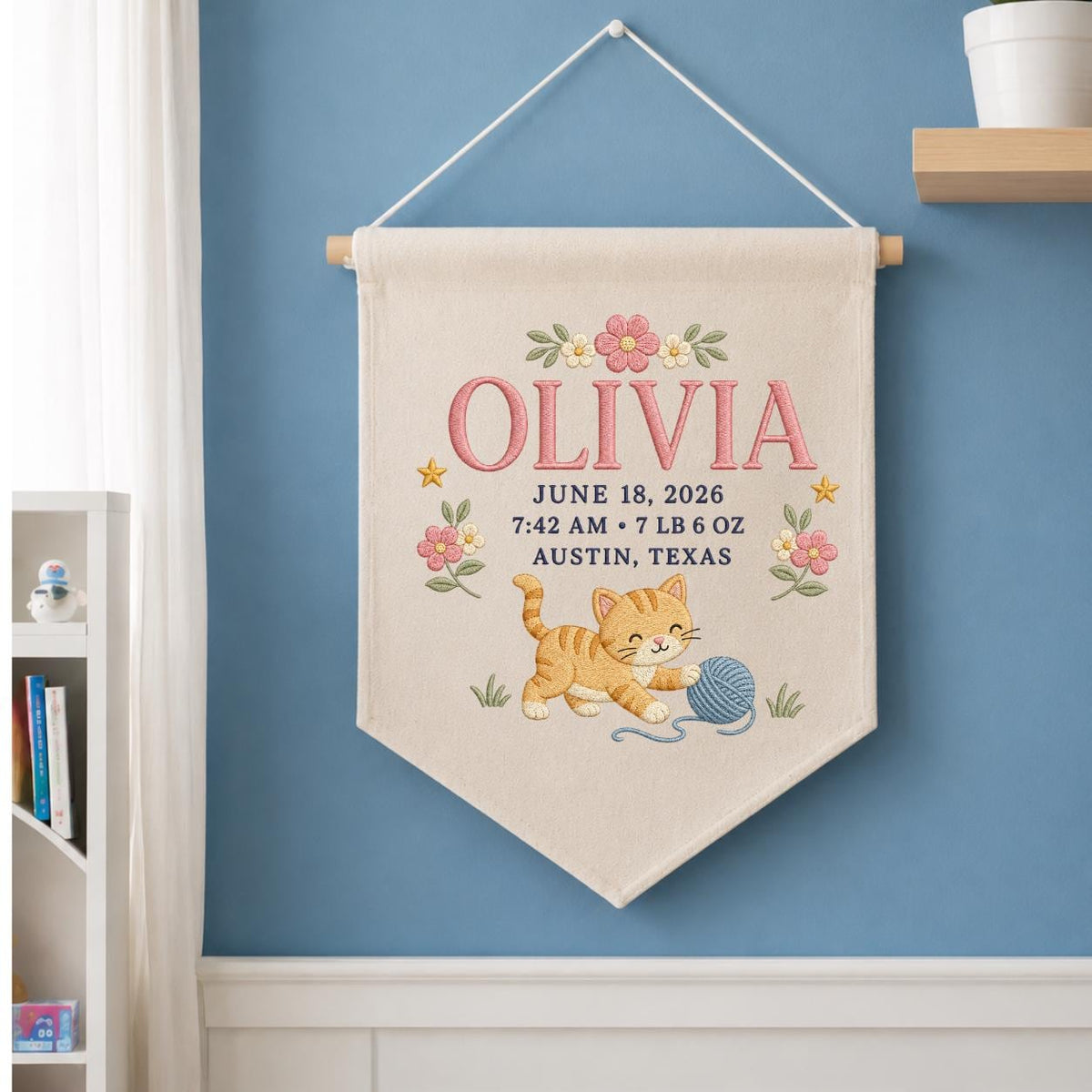 Personalized Birth Stats Canvas Banner, Custom Name Embroidered Kitten Yarn Ball Baby Girl Birth Announcement Nursery Wall Hanging Sign