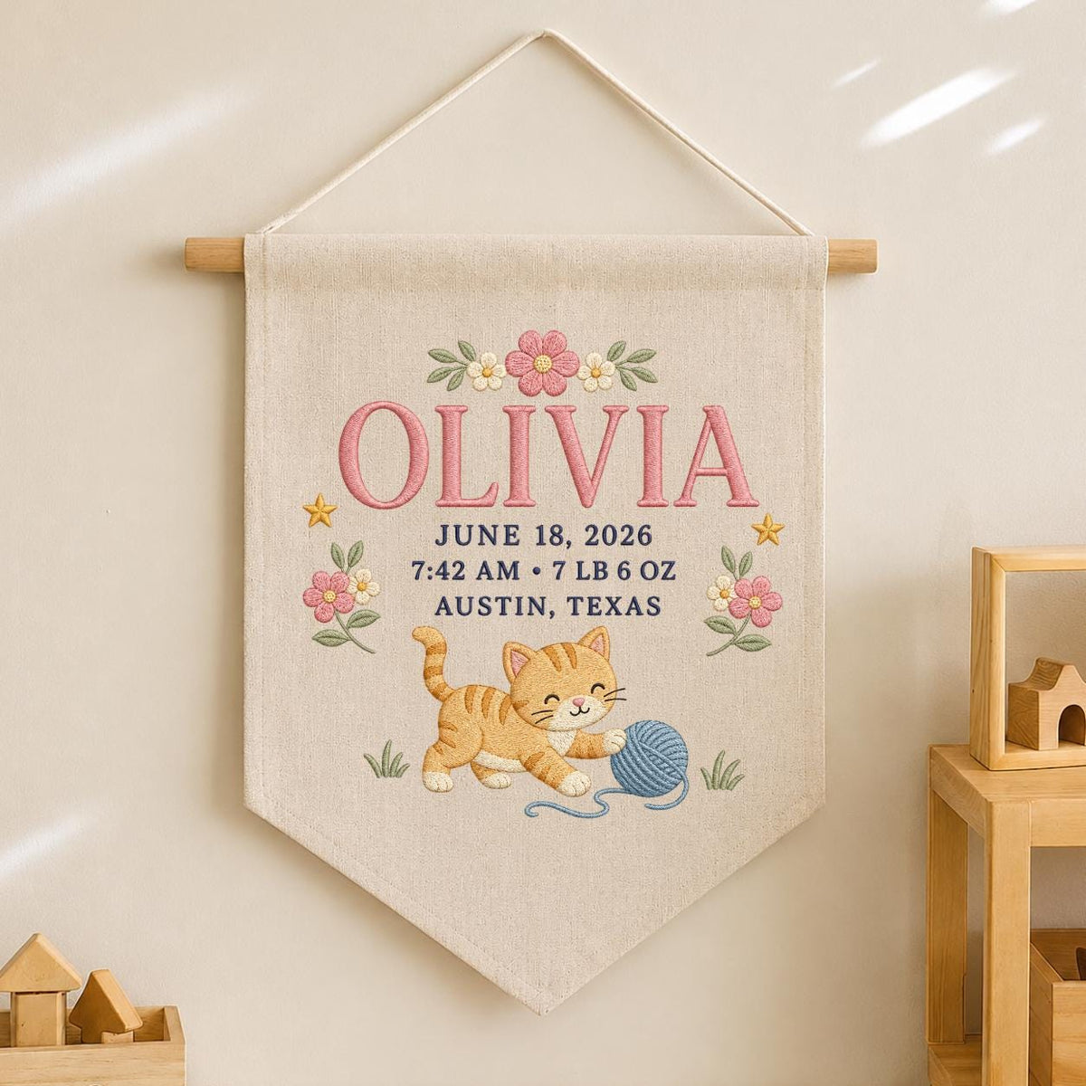 Personalized Birth Stats Canvas Banner, Custom Name Embroidered Kitten Yarn Ball Baby Girl Birth Announcement Nursery Wall Hanging Sign