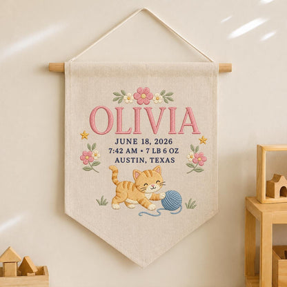 Personalized Birth Stats Canvas Banner, Custom Name Embroidered Kitten Yarn Ball Baby Girl Birth Announcement Nursery Wall Hanging Sign