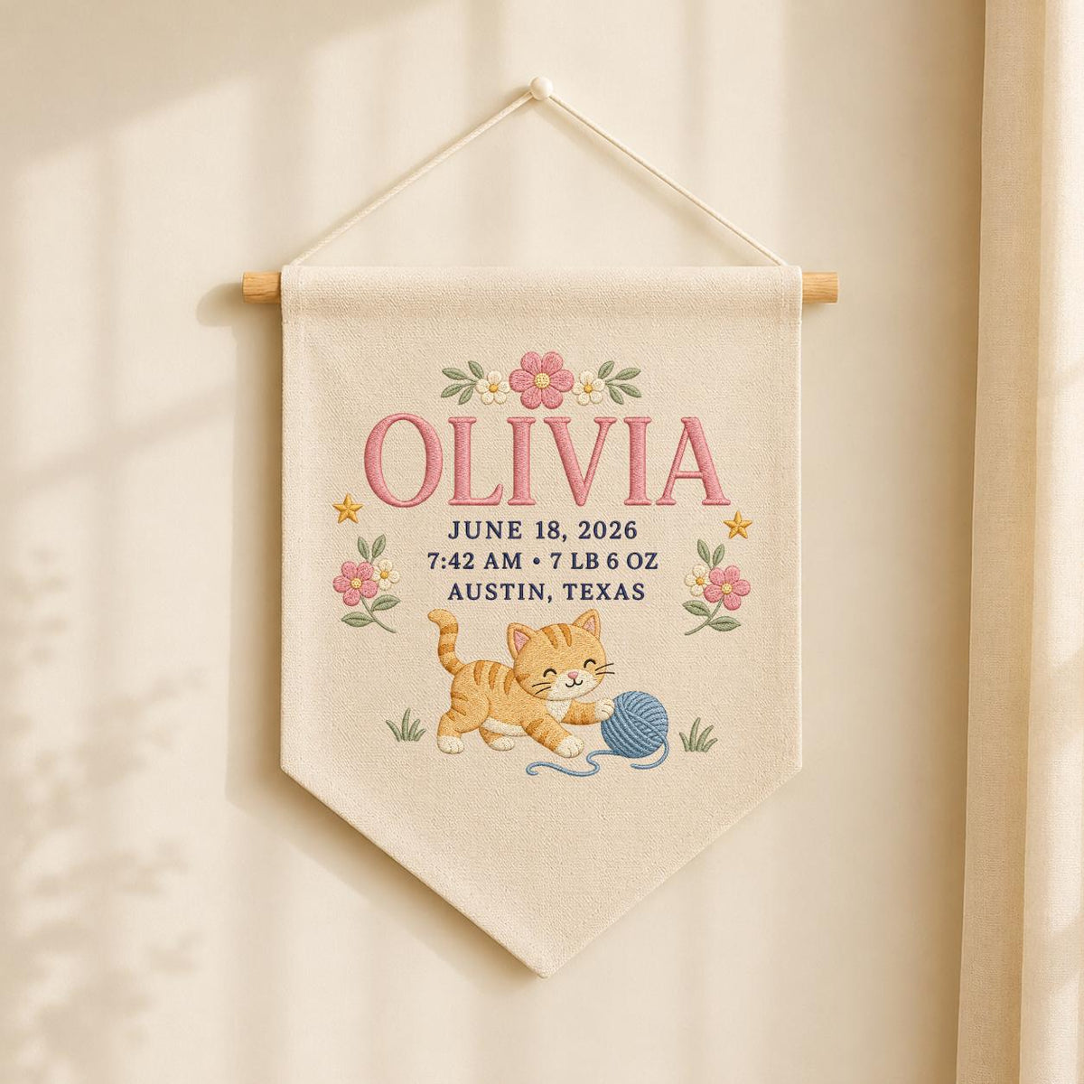 Personalized Birth Stats Canvas Banner, Custom Name Embroidered Kitten Yarn Ball Baby Girl Birth Announcement Nursery Wall Hanging Sign