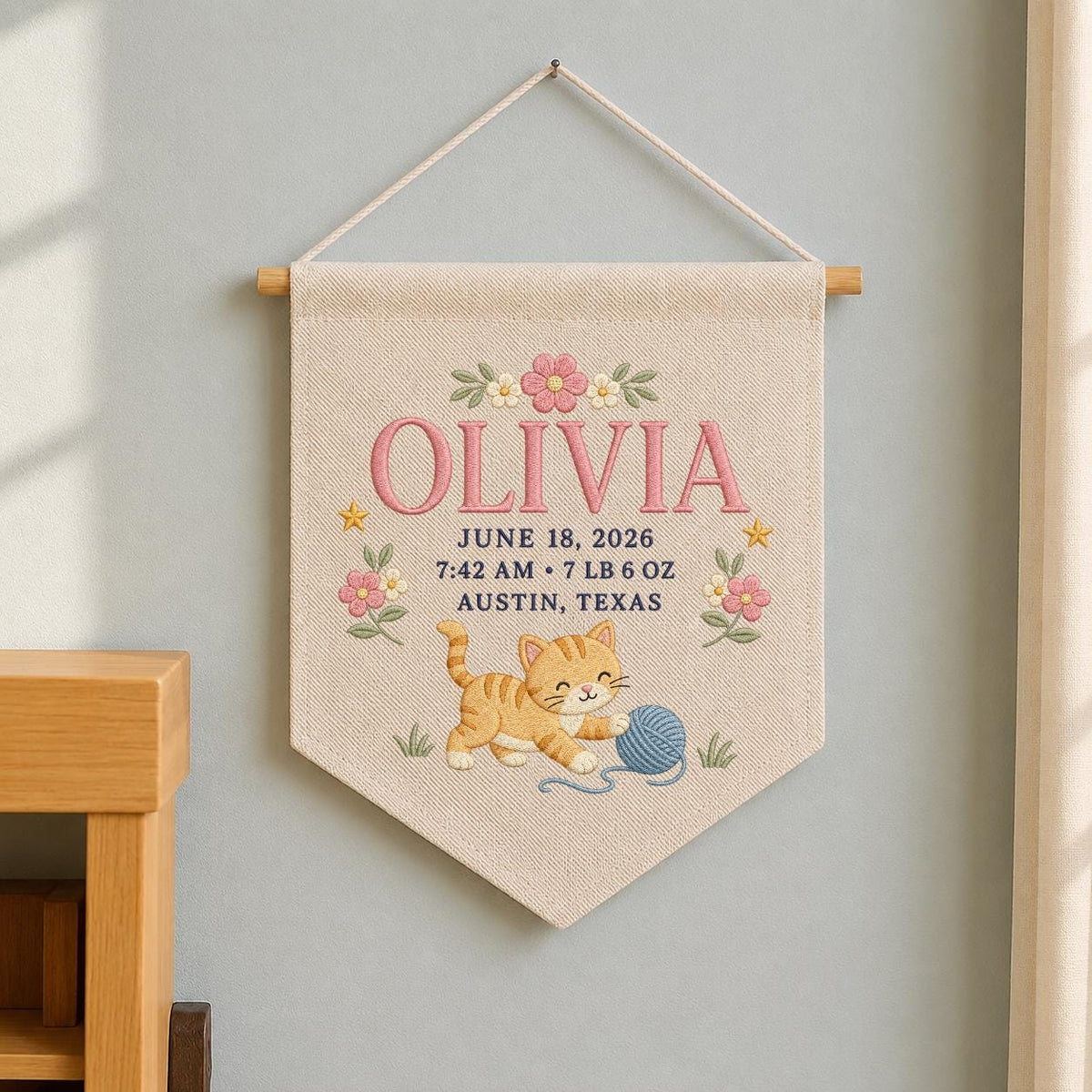 Personalized Birth Stats Canvas Banner, Custom Name Embroidered Kitten Yarn Ball Baby Girl Birth Announcement Nursery Wall Hanging Sign