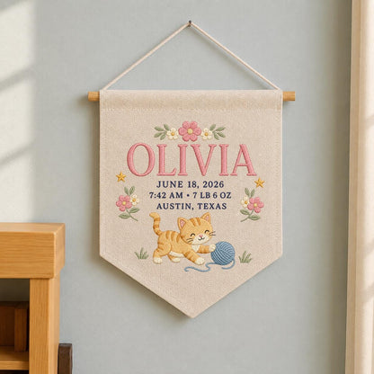 Personalized Birth Stats Canvas Banner, Custom Name Embroidered Kitten Yarn Ball Baby Girl Birth Announcement Nursery Wall Hanging Sign