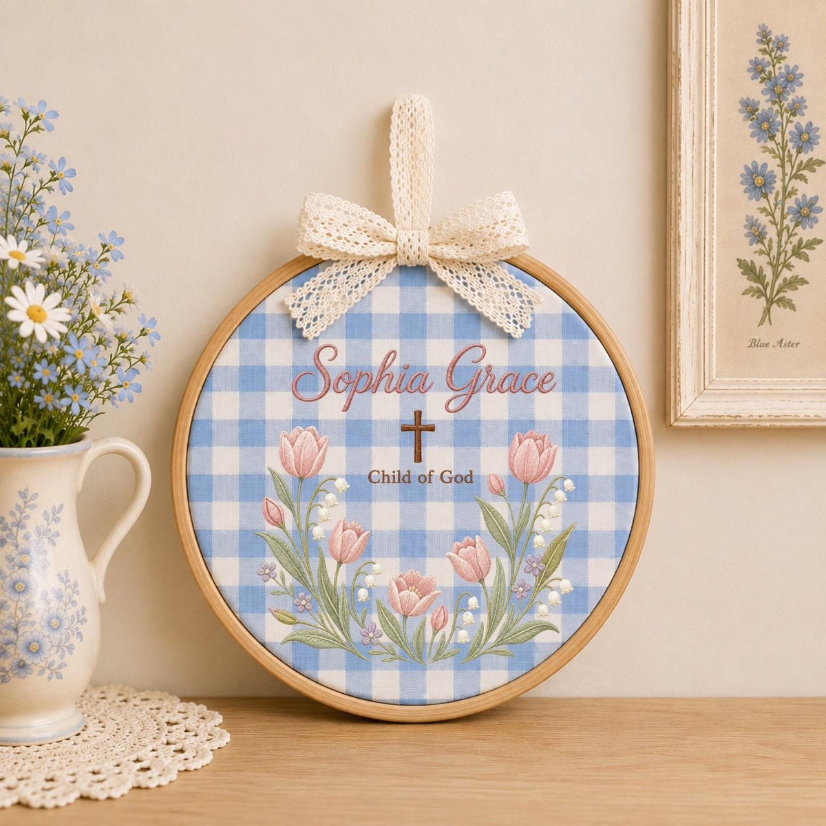 Personalized Embroidered Ornament, Child of God Baptism Ornament, Custom Name Christian Gift, Floral Cross Keepsake, Baby Blessing Decor