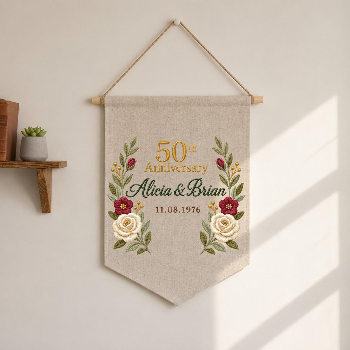 Personalized Embroidered 50th Wedding Anniversary Wall Hanging Banner, Golden Anniversary Gift, Custom Couple Names, Floral Keepsake Decor
