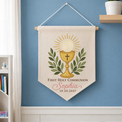 Personalized First Holy Communion Embroidered Wall Hanging Banner, Custom Name Catholic Gift, Eucharist Keepsake, Christian Religious Decor