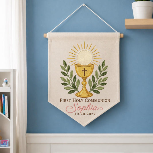 Personalized First Holy Communion Embroidered Wall Hanging Banner, Custom Name Catholic Gift, Eucharist Keepsake, Christian Religious Decor