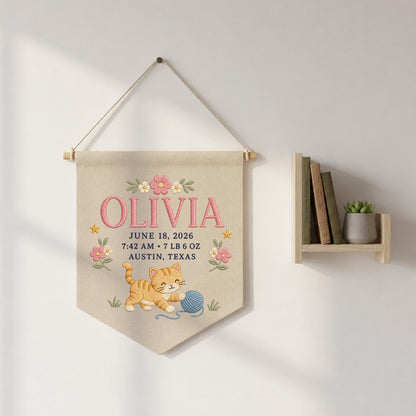 Personalized Birth Stats Canvas Banner, Custom Name Embroidered Kitten Yarn Ball Baby Girl Birth Announcement Nursery Wall Hanging Sign