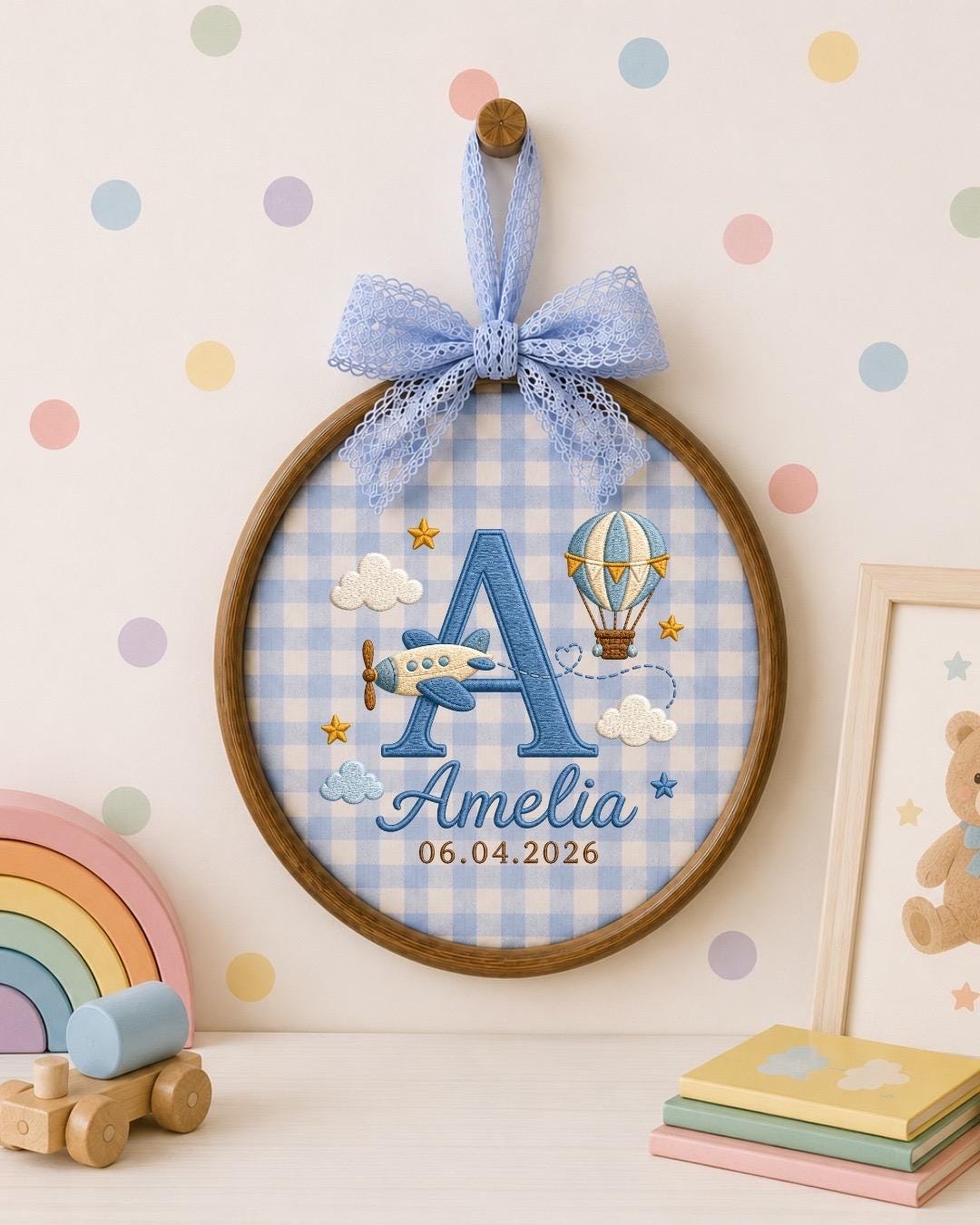 Personalized Baby Name Embroidered Ornament, Custom Monogram Nursery Decor, Airplane Hot Air Balloon Baby Sign, Newborn Baby Gift