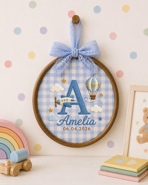 Personalized Baby Name Embroidered Ornament, Custom Monogram Nursery Decor, Airplane Hot Air Balloon Baby Sign, Newborn Baby Gift