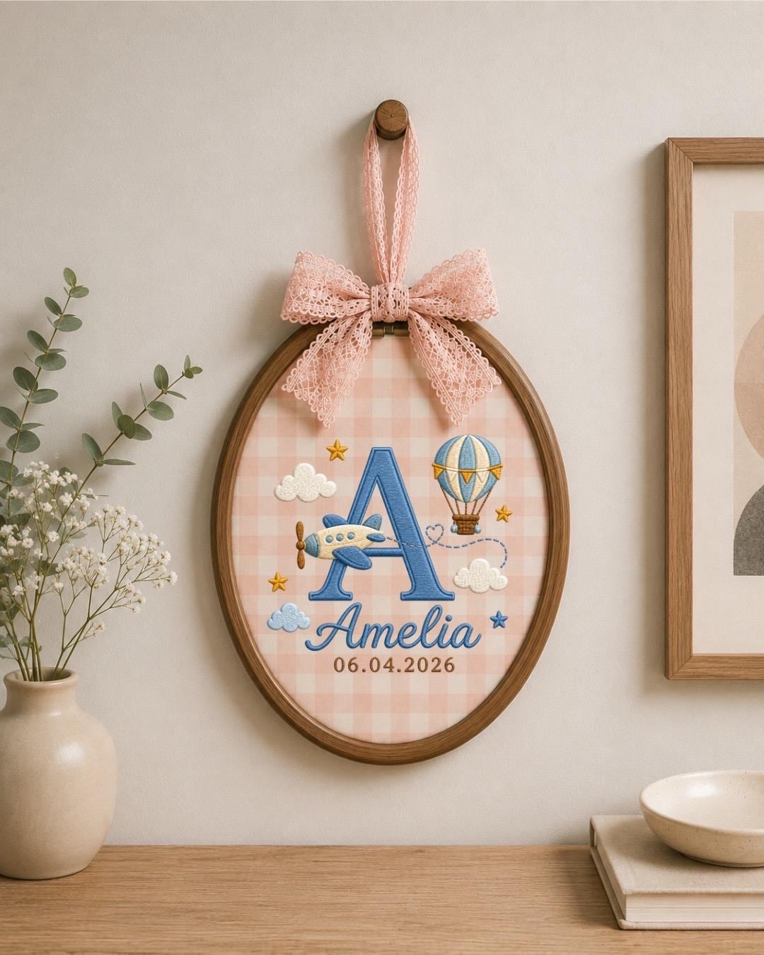 Personalized Baby Name Embroidered Ornament, Custom Monogram Nursery Decor, Airplane Hot Air Balloon Baby Sign, Newborn Baby Gift