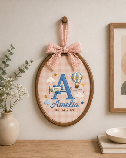 Personalized Baby Name Embroidered Ornament, Custom Monogram Nursery Decor, Airplane Hot Air Balloon Baby Sign, Newborn Baby Gift