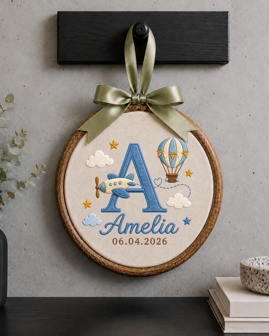 Personalized Baby Name Embroidered Ornament, Custom Monogram Nursery Decor, Airplane Hot Air Balloon Baby Sign, Newborn Baby Gift