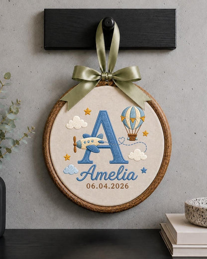 Personalized Baby Name Embroidered Ornament, Custom Monogram Nursery Decor, Airplane Hot Air Balloon Baby Sign, Newborn Baby Gift