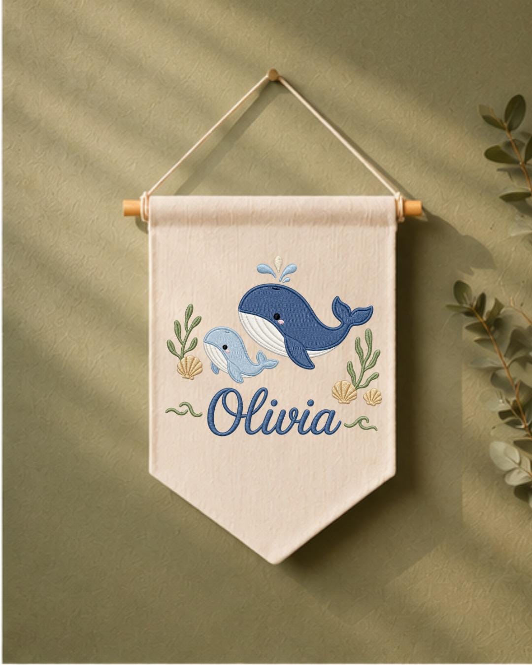 Personalized Whale Nursery Wall Hanging, Custom Name Embroidered Banner, Ocean Animal Baby Room Decor, Nautical Nursery Gift