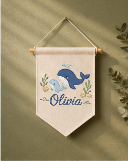 Personalized Whale Nursery Wall Hanging, Custom Name Embroidered Banner, Ocean Animal Baby Room Decor, Nautical Nursery Gift