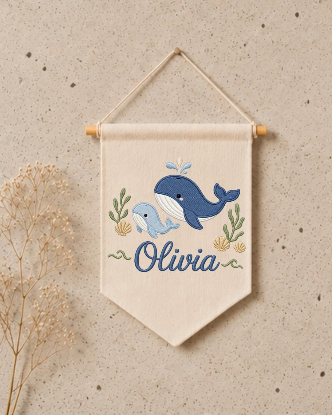 Personalized Whale Nursery Wall Hanging, Custom Name Embroidered Banner, Ocean Animal Baby Room Decor, Nautical Nursery Gift
