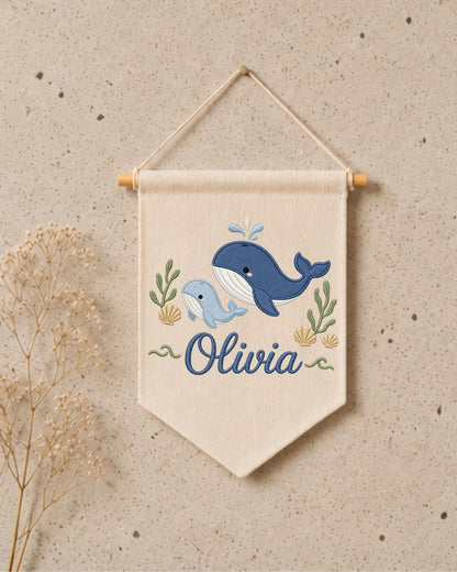 Personalized Whale Nursery Wall Hanging, Custom Name Embroidered Banner, Ocean Animal Baby Room Decor, Nautical Nursery Gift