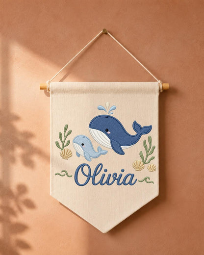 Personalized Whale Nursery Wall Hanging, Custom Name Embroidered Banner, Ocean Animal Baby Room Decor, Nautical Nursery Gift