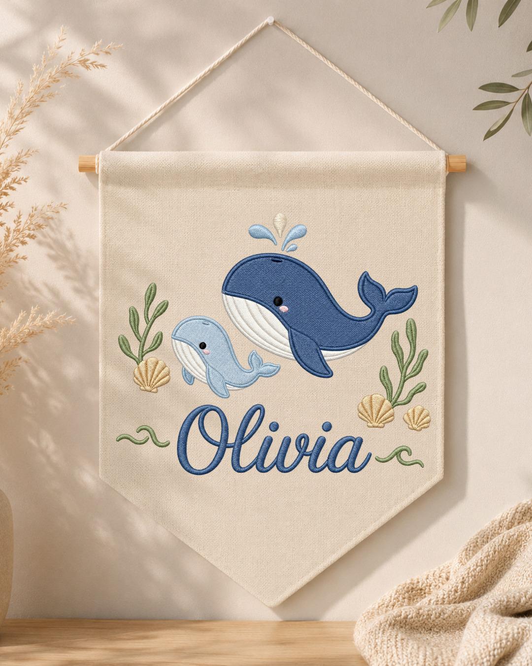 Personalized Whale Nursery Wall Hanging, Custom Name Embroidered Banner, Ocean Animal Baby Room Decor, Nautical Nursery Gift