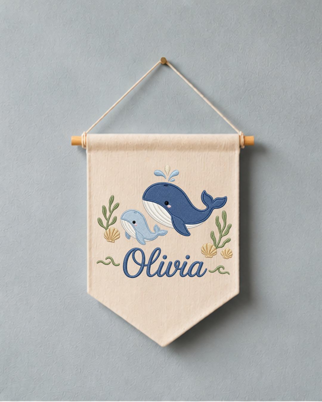 Personalized Whale Nursery Wall Hanging, Custom Name Embroidered Banner, Ocean Animal Baby Room Decor, Nautical Nursery Gift